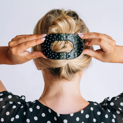 Flat Round Hair Clip | Black Polka Dot Party | Large