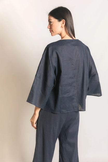 Washed Linen Half Sleeve Waist Tie Top