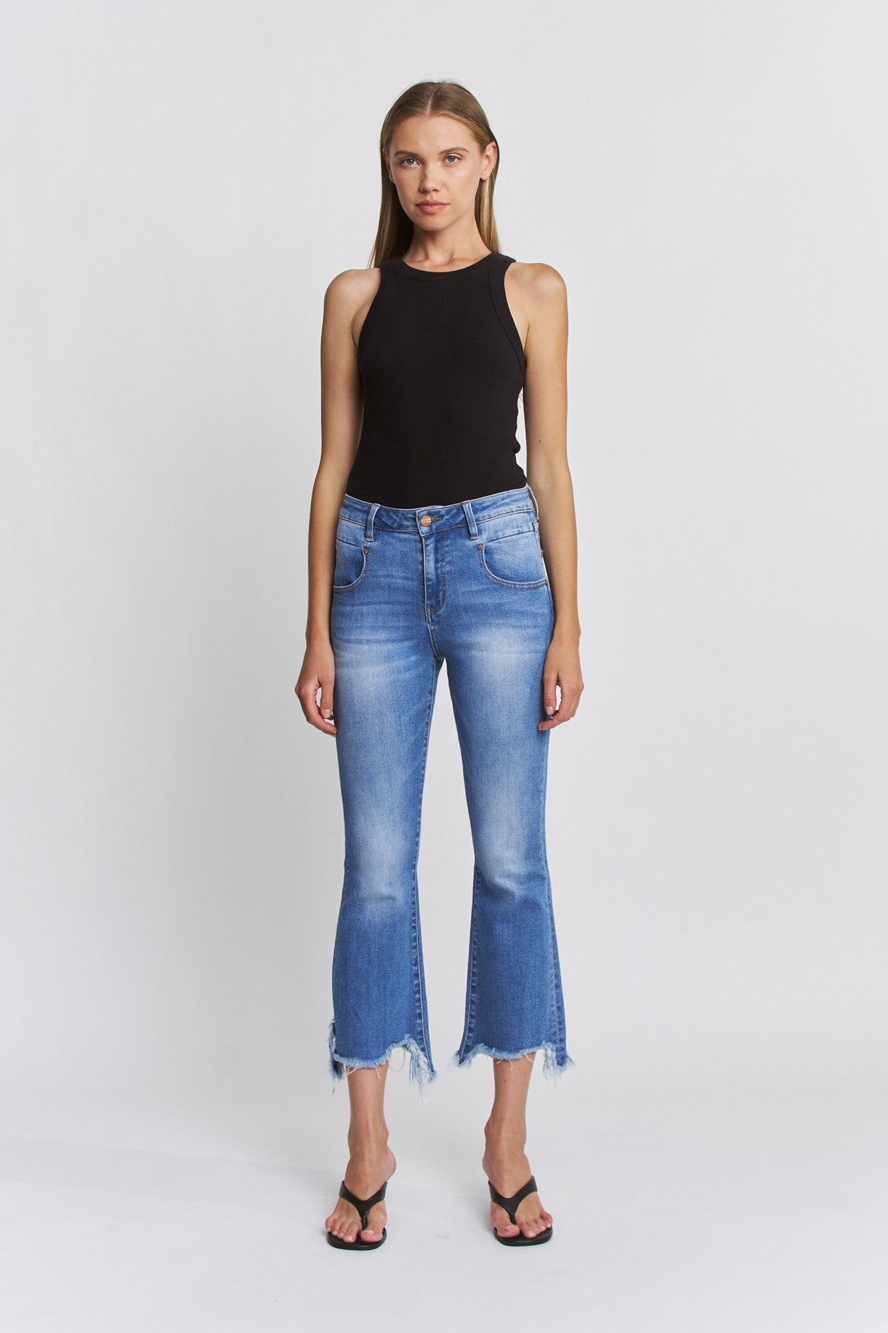 High Rise Crop Flare with Uneven Hem
