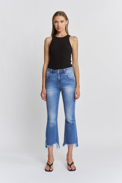High Rise Crop Flare with Uneven Hem