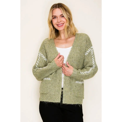 Color Contrast Stitched Sweater Cardigan