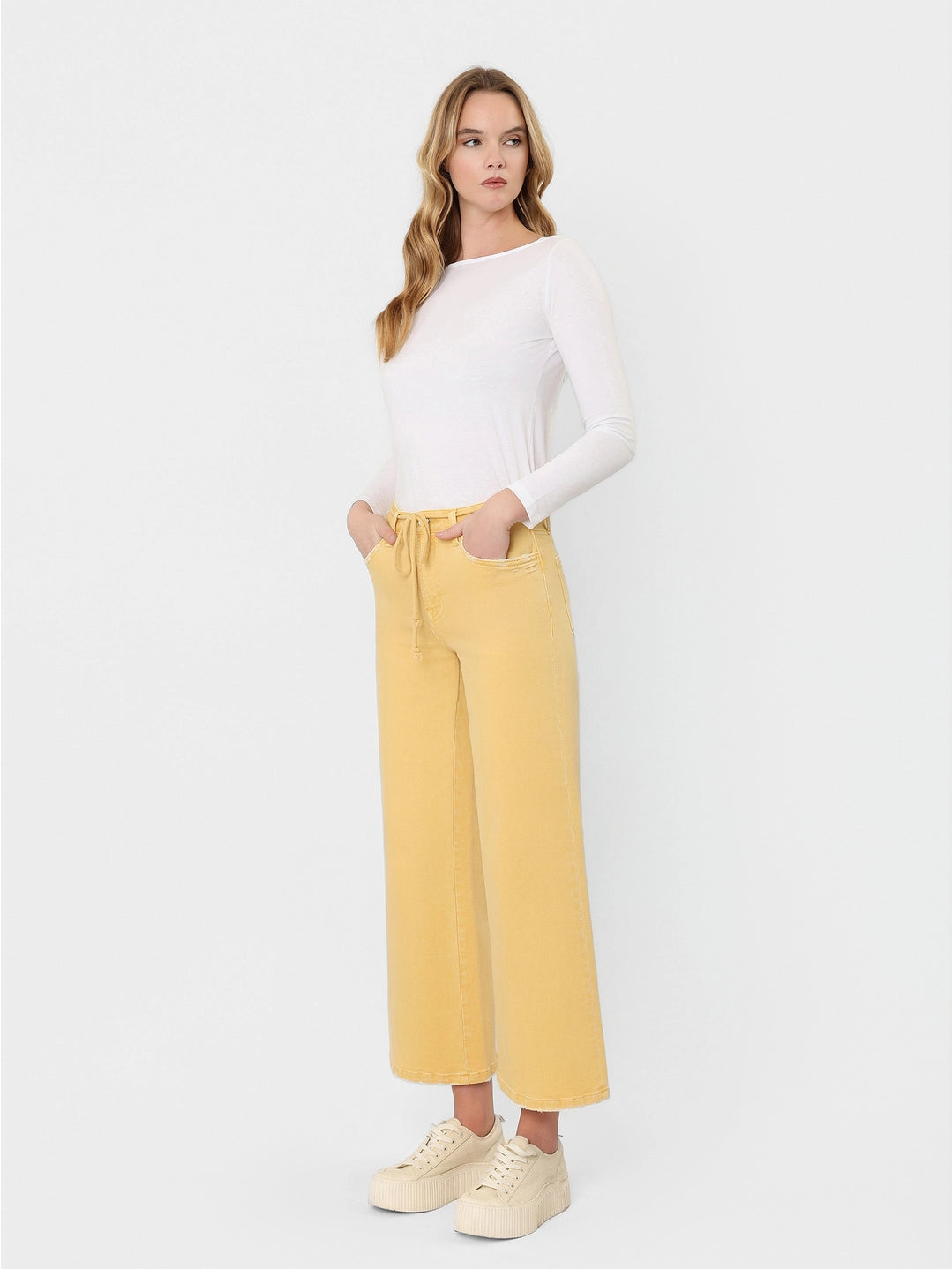 High Rise Drawstring Color Crop Wide Leg Jeans