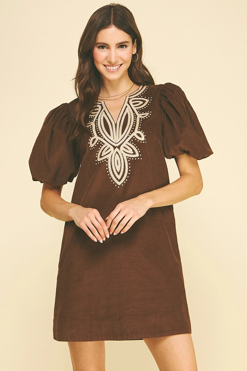 Corduroy Emboidery Detailed Mini Dress 