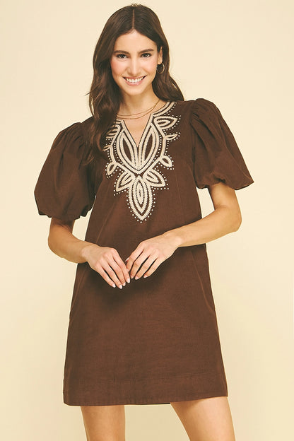 Corduroy Emboidery Detailed Mini Dress 