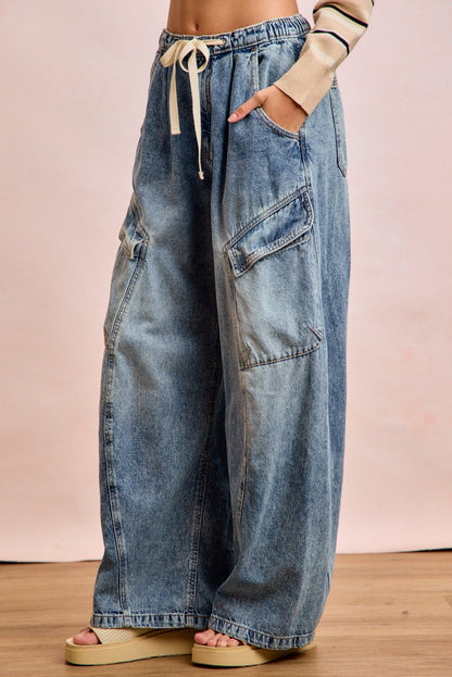 Baggy Barrel Denim Pants with Cargo Pockets