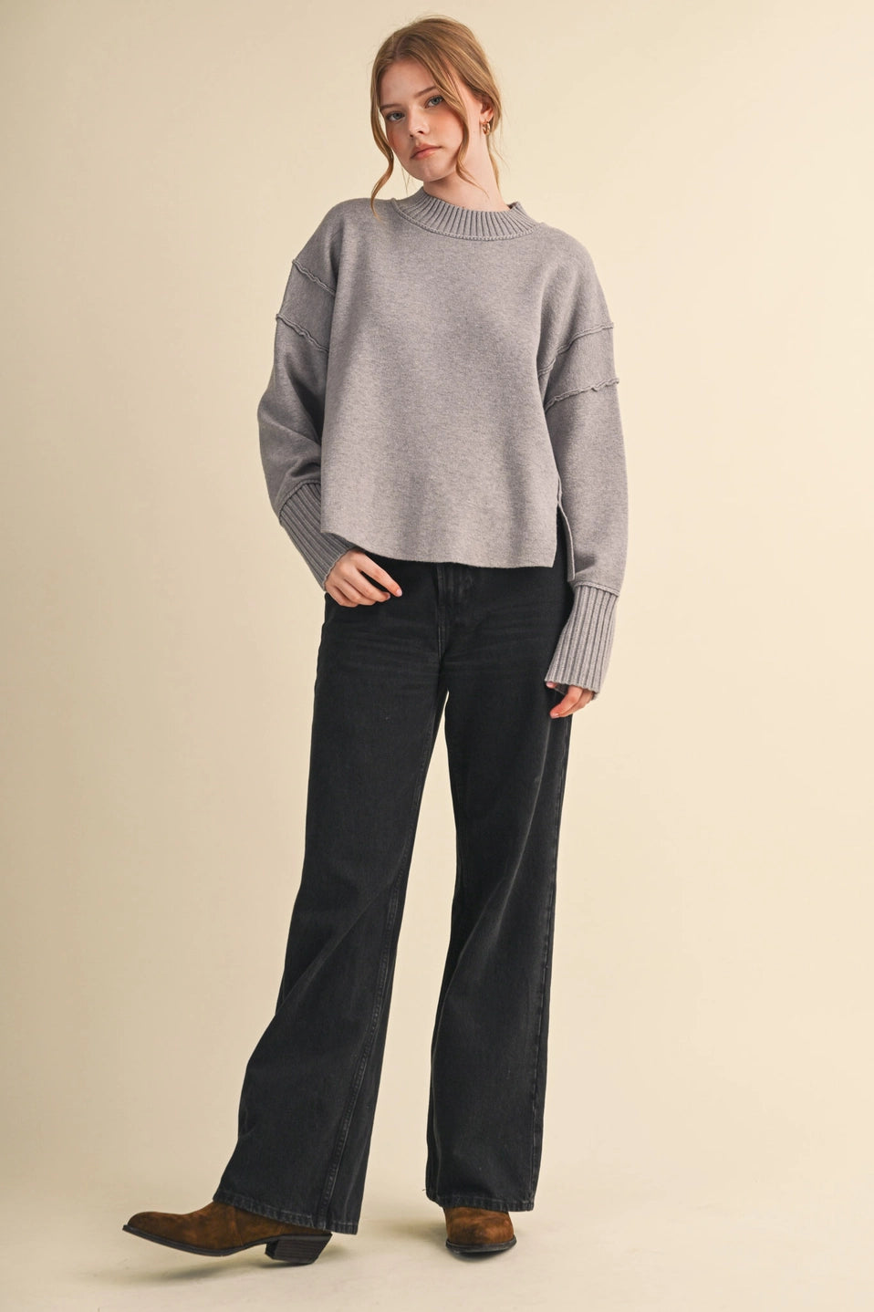 Drop Shoulder Long Sleeve Ribbed Sweater