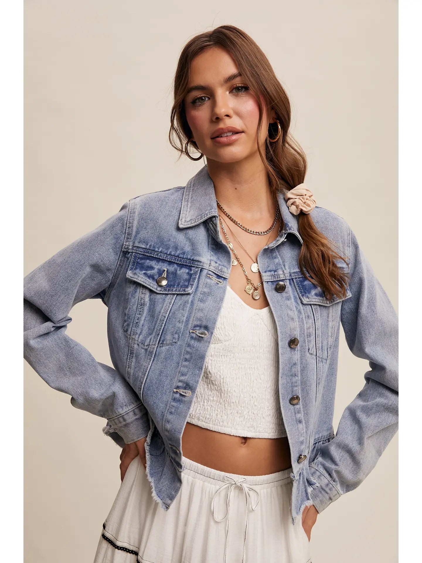 Ruffled Hem Light Denim Jacket