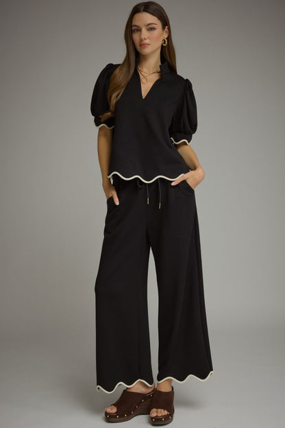 Elastic Waistband Scallop Hem Pants