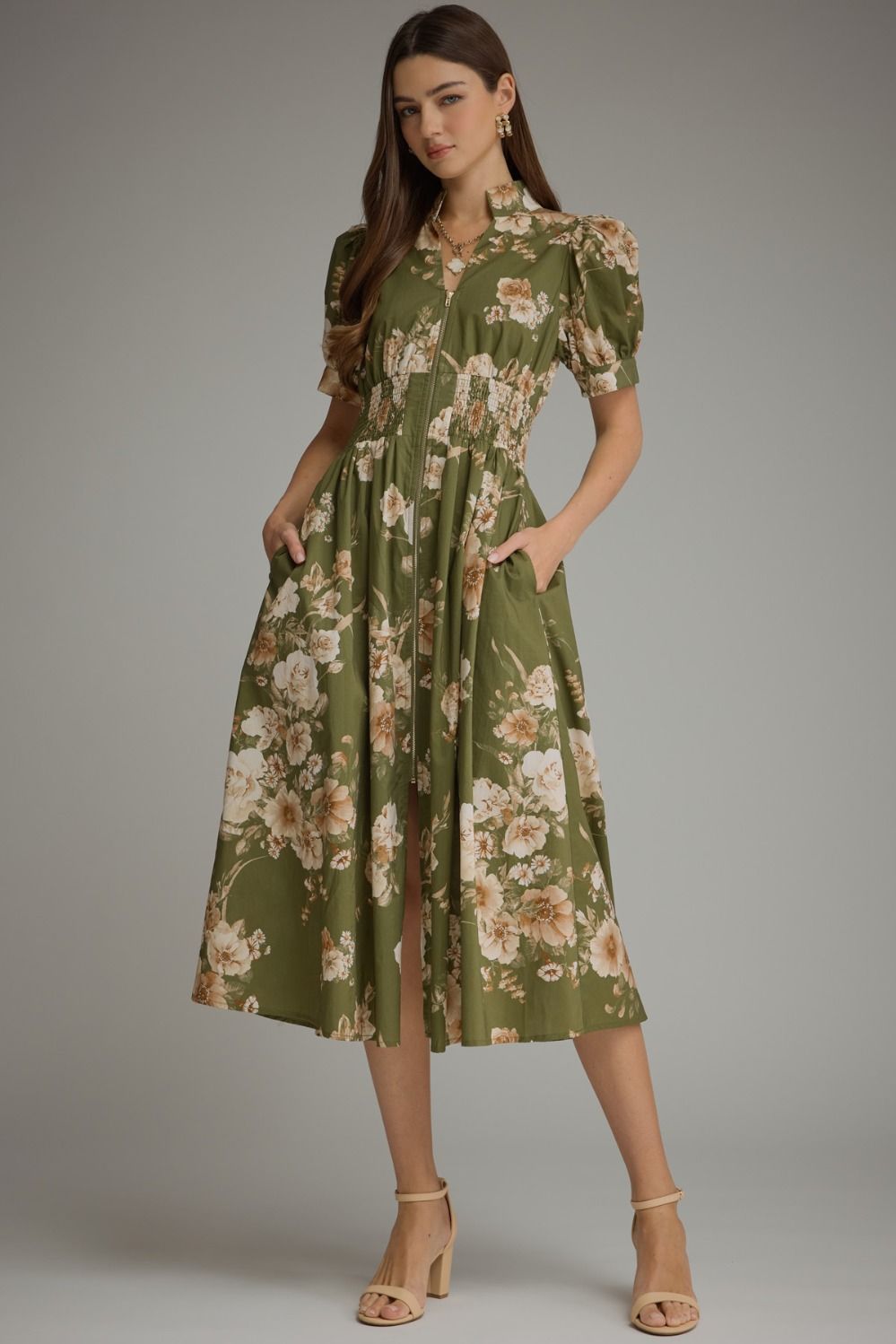 Floral Short Puff Sleeve Midi Dress