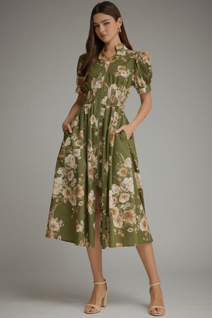Floral Short Puff Sleeve Midi Dress