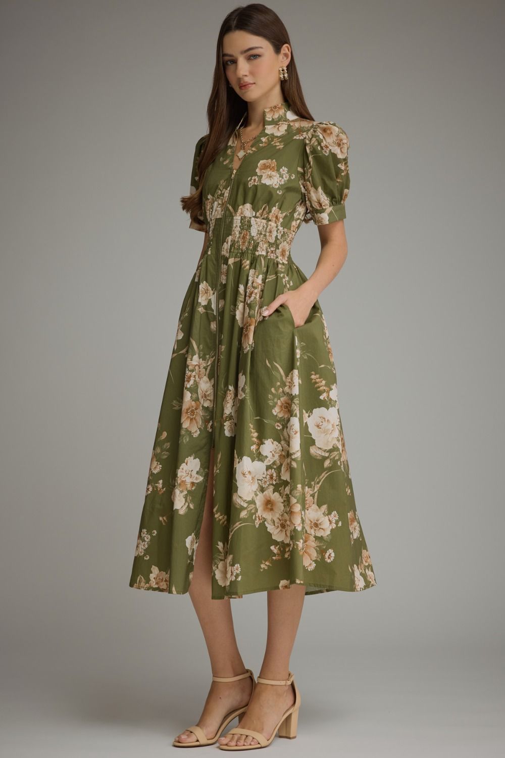 Floral Short Puff Sleeve Midi Dress
