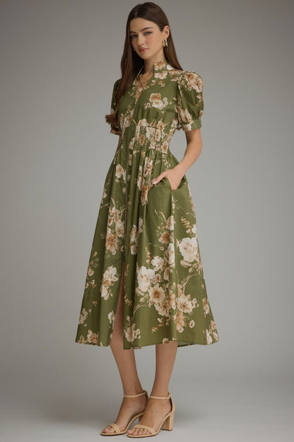 Floral Short Puff Sleeve Midi Dress