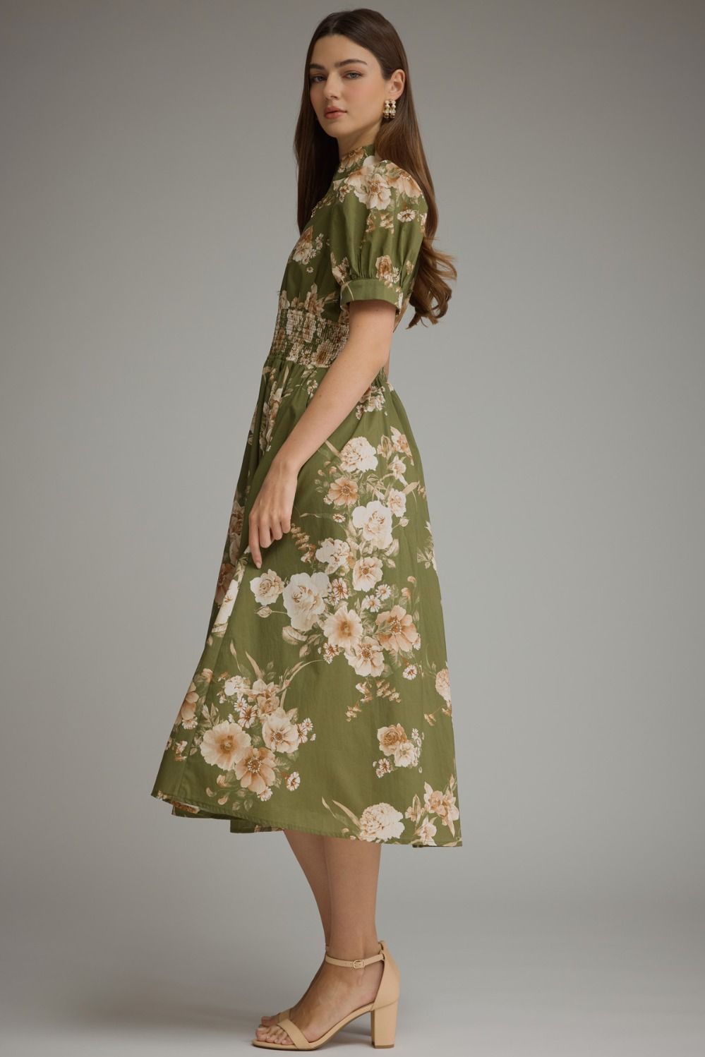 Floral Short Puff Sleeve Midi Dress