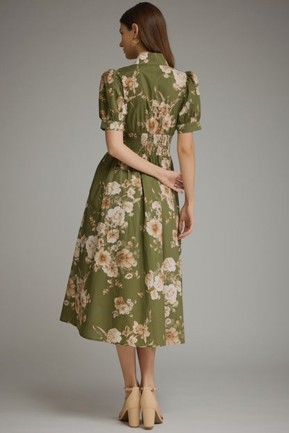Floral Short Puff Sleeve Midi Dress