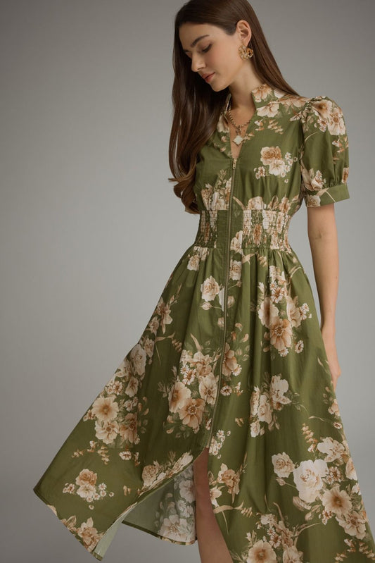 Floral Short Puff Sleeve Midi Dress