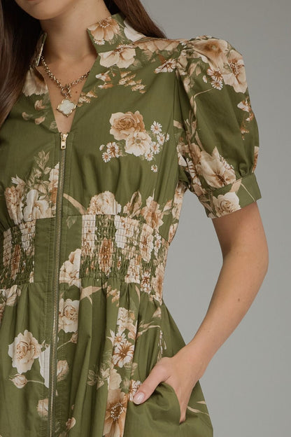 Floral Short Puff Sleeve Midi Dress