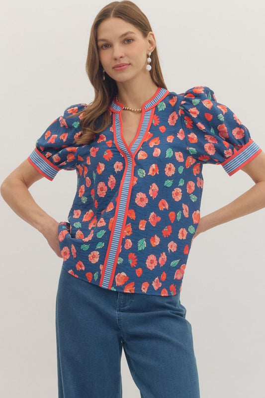 Short Puff Sleeve Floral Print Top