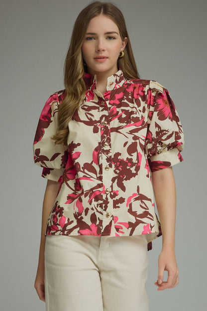 Printed Short Puff Sleeve Top