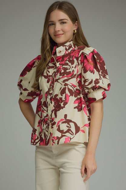 Printed Short Puff Sleeve Top
