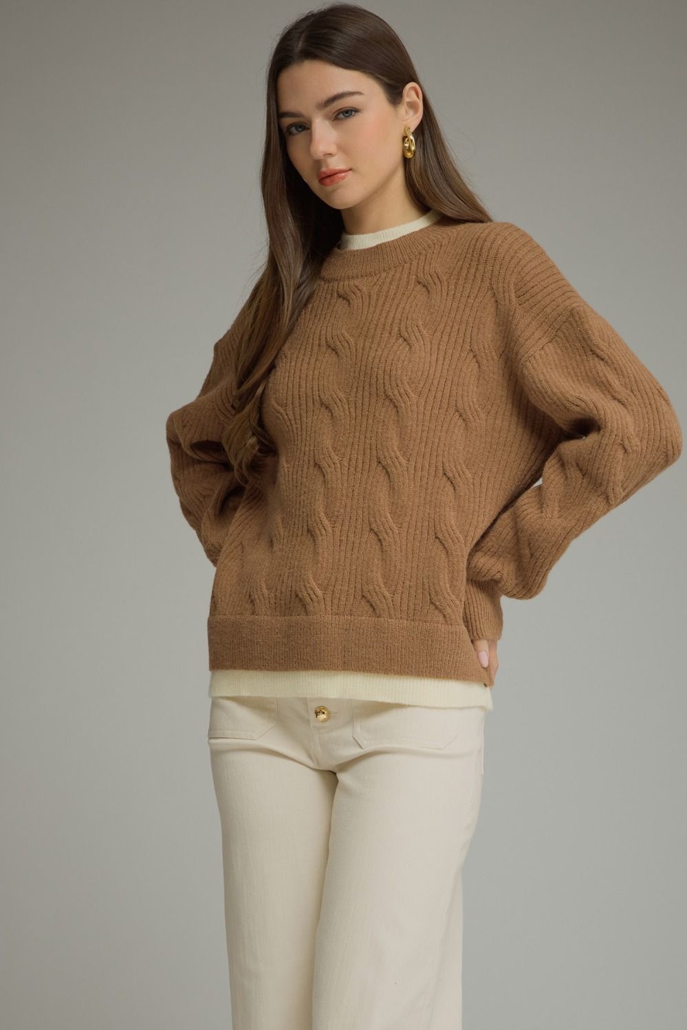 Layered Cable Knit Long Sleeve Sweater