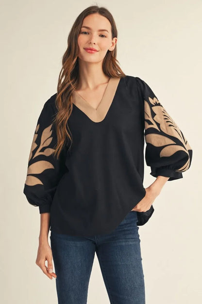 V-Neck with Color Contrast Neckline Top