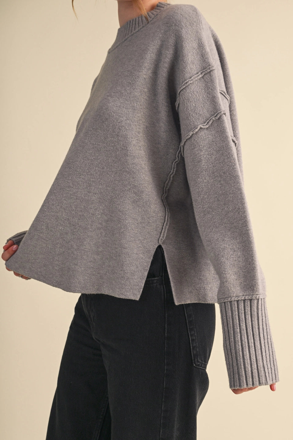 Drop Shoulder Long Sleeve Ribbed Sweater