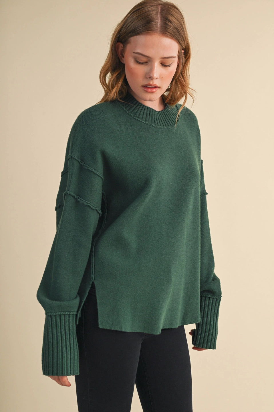 Drop Shoulder Long Sleeve Ribbed Sweater