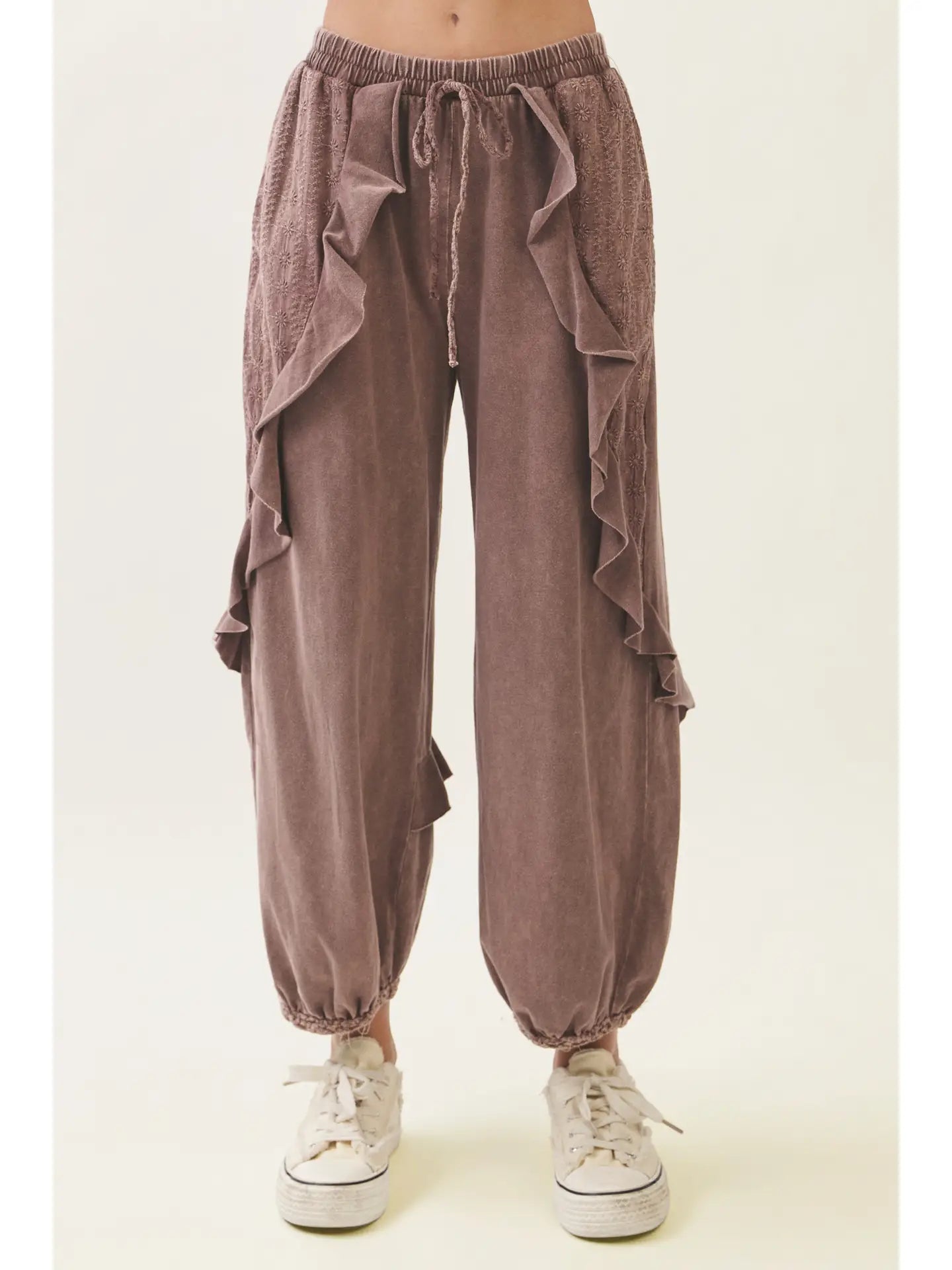 Mineral Washed Eyelet Ruffle Harem Pants