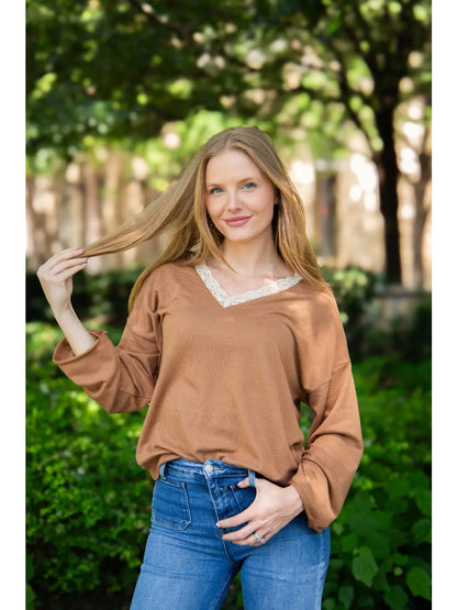 V-Neck Top with Lace Trim | 3 Colors Available