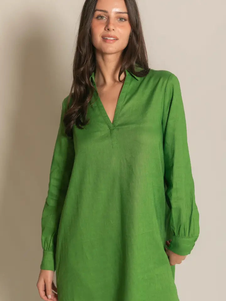 Linen Collared Long Sleeve Dress
