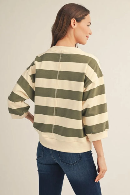 Olive 3/4 Sleeve Bold Stripe Top