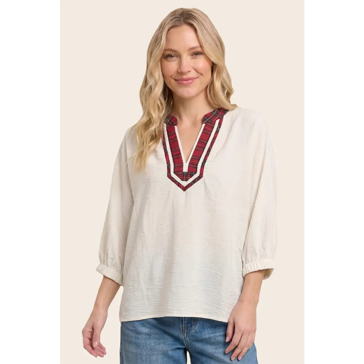 Plaid Accent Dolman Sleeve Woven Top