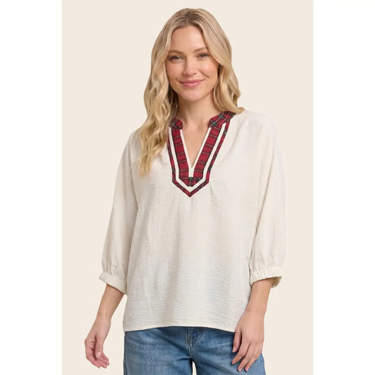 Plaid Accent Dolman Sleeve Woven Top