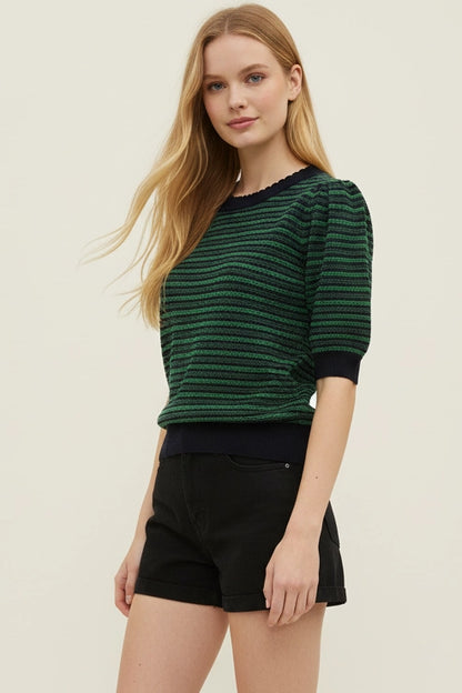 Contrast Scalloped Striped Knit Top