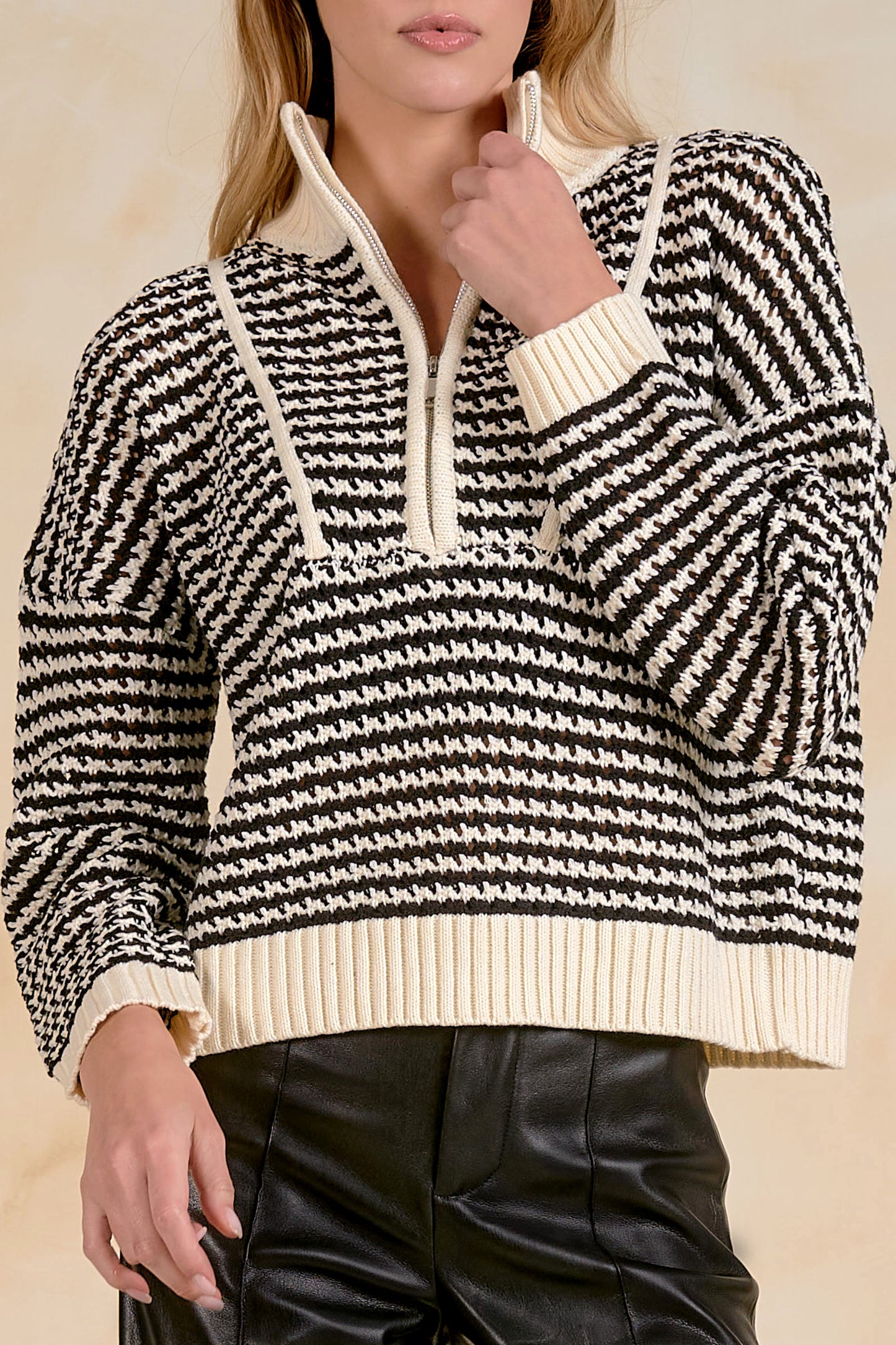 Quarter Zip Open Knit Sweater