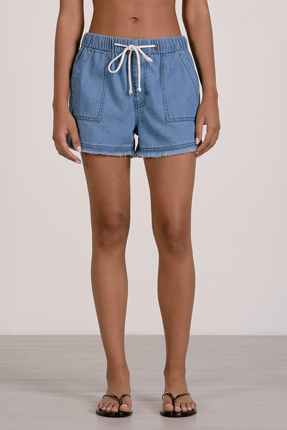 Dark Blue Elastic Frayed Shorts